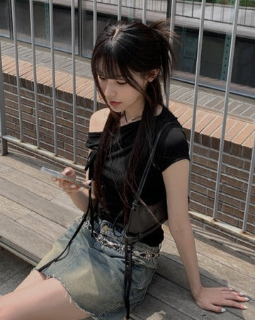 Fuse Ribbon Strap Off Shoulder T-Shirt
